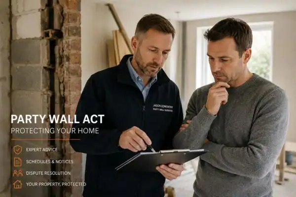 Party wall surveyor Stubbington discussing extension plans with homeowner outside a UK semi-detached house.